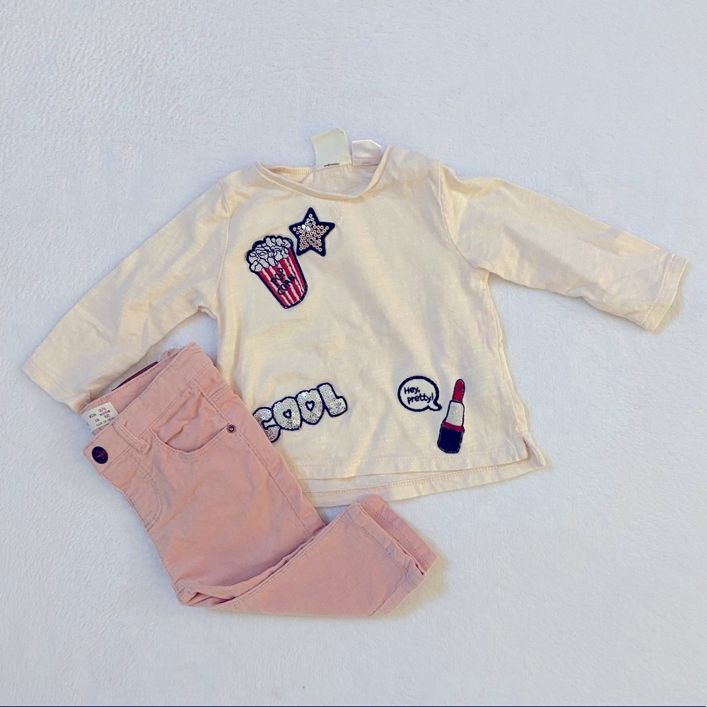 💕 Zara Baby Girl Outfit Long Sleeve Top and Corduroy Pink Pants 💕